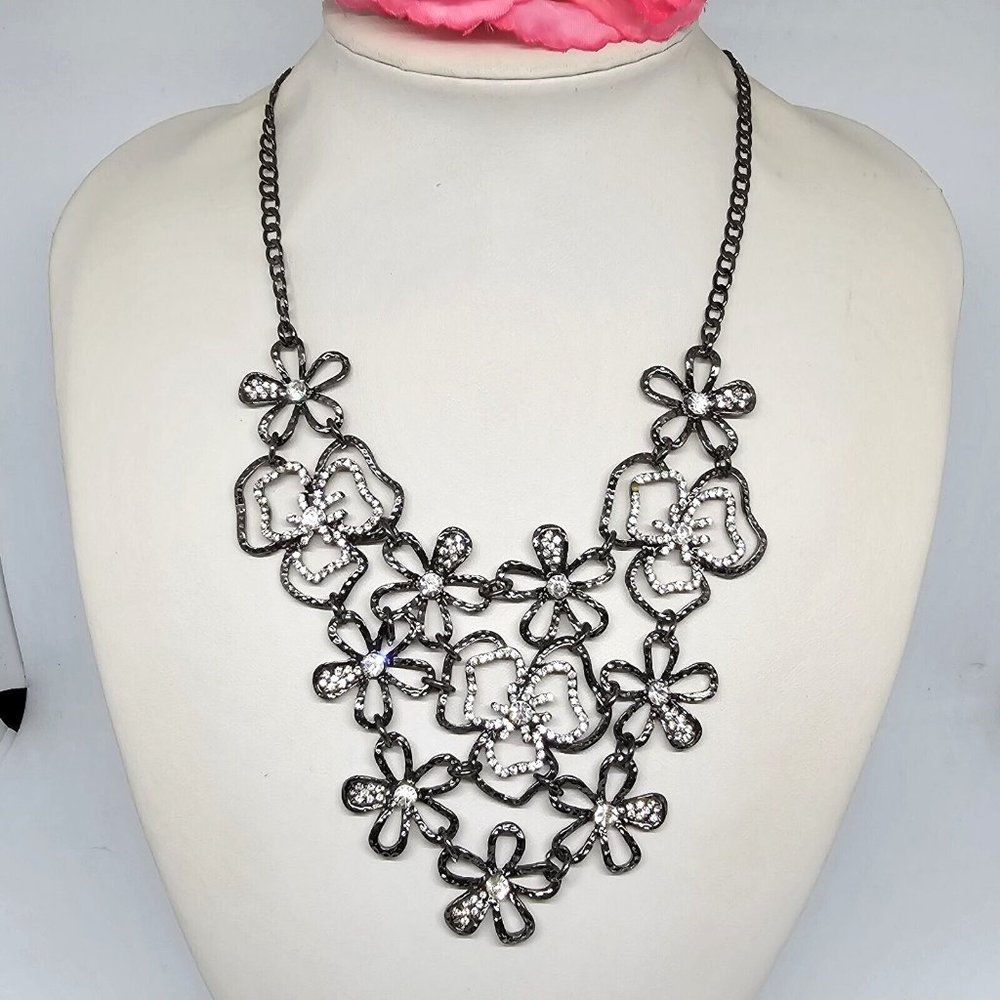 Amrita Singh Statement Bib Necklace Floral Rhinestones Gray Gunmetal Tone